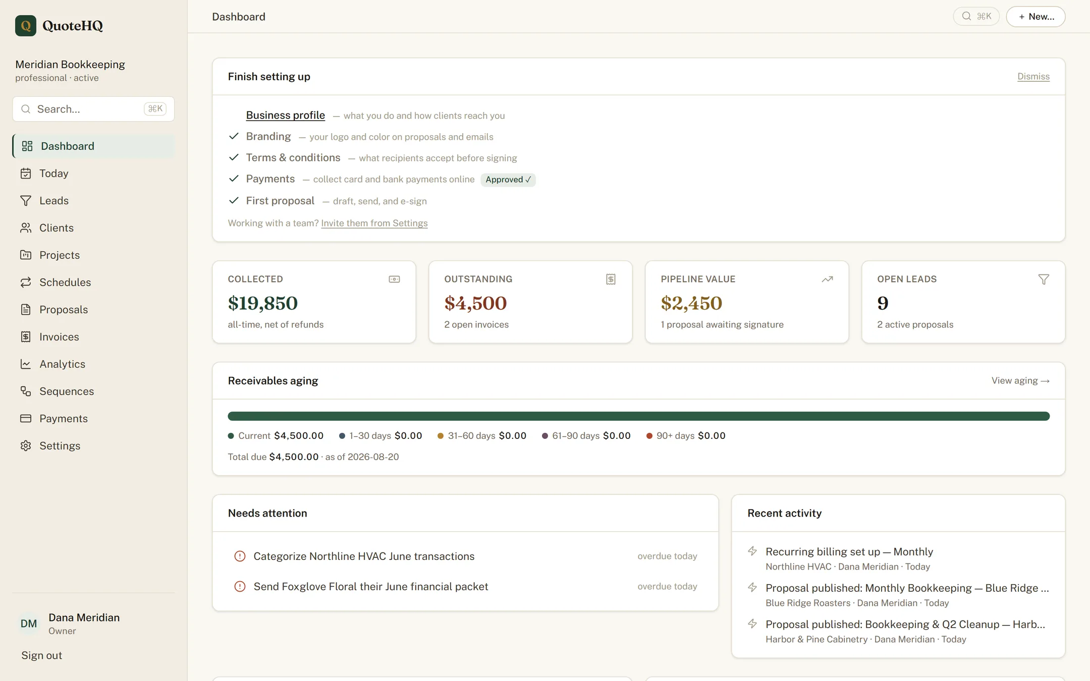 The QuoteHQ dashboard: sales pipeline, proposals sent, and payments on the way.